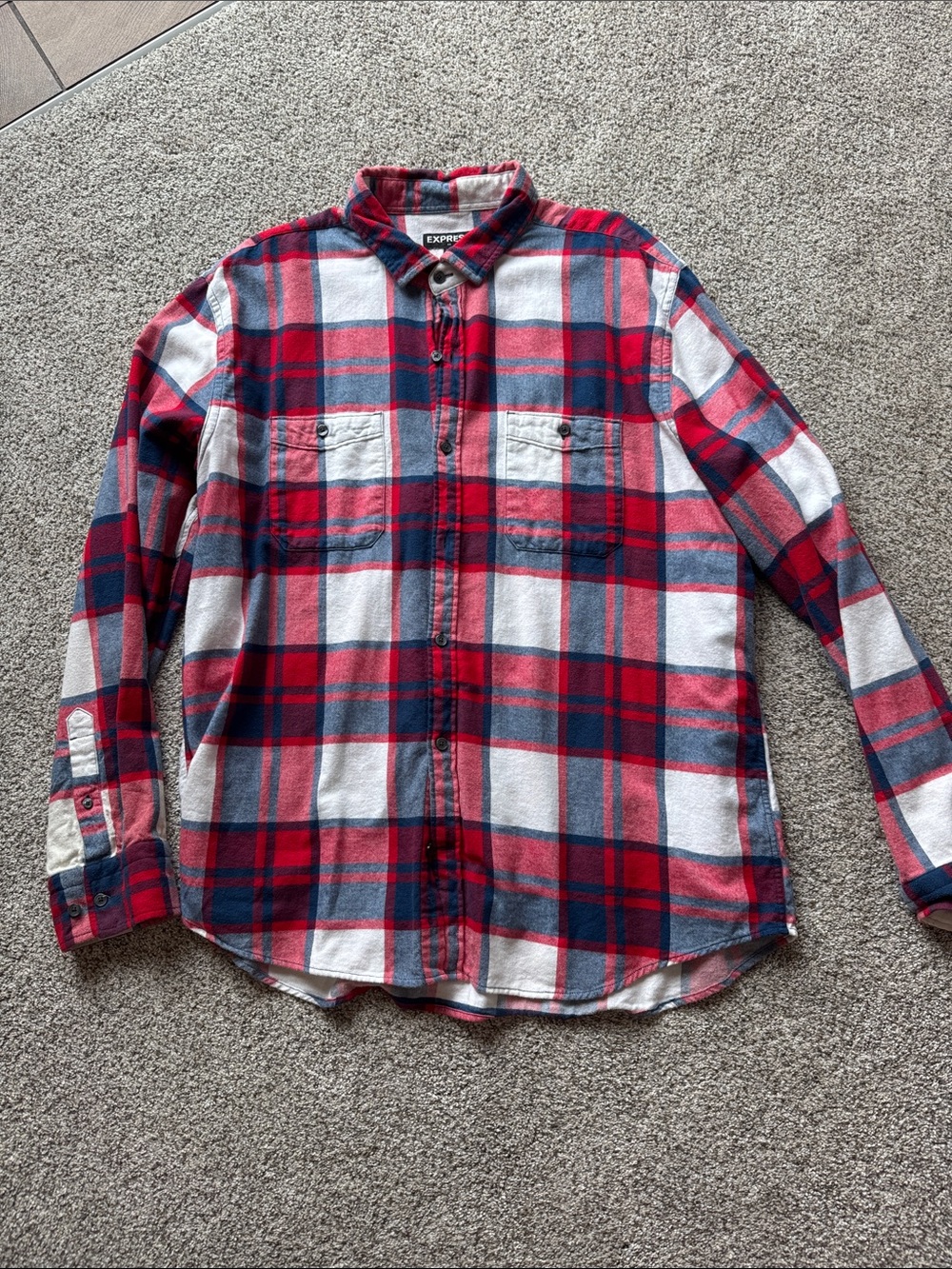 Express Men’s Red and Blue Plaid Button-Down Shirt